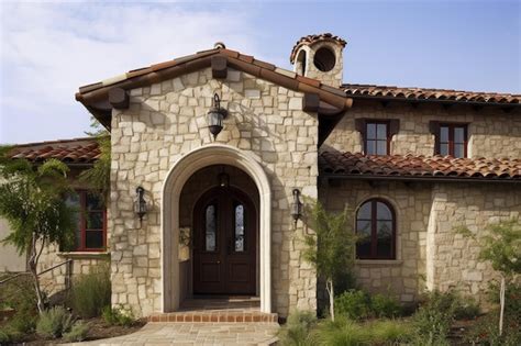 Casa mediterránea con fachada de piedra techo a dos aguas y puerta