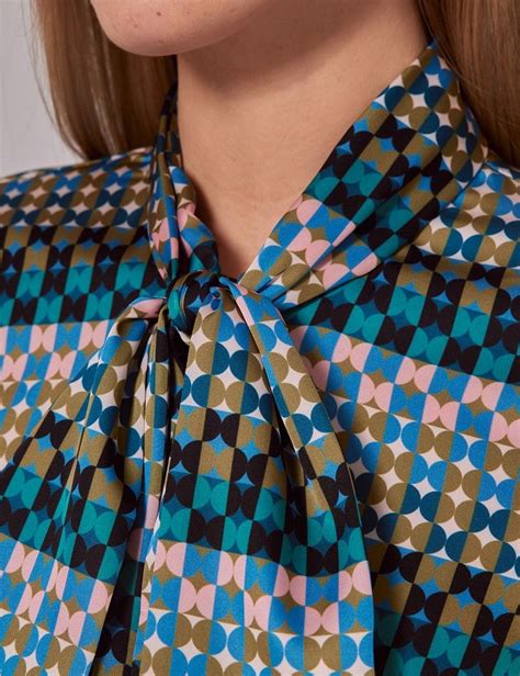 Womens Green Blue Geometric Circles Satin Pussybow Blouse Hawes