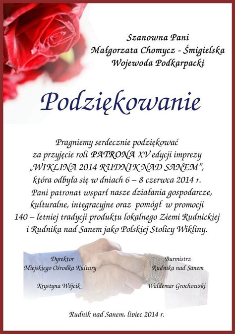 Podziękowania Centrum Wikliniarstwa