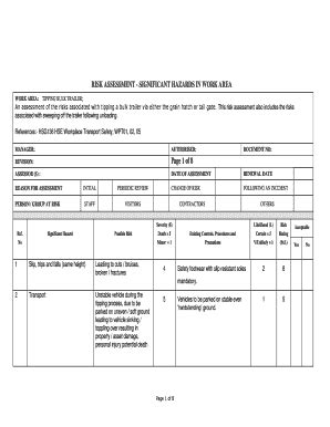 Fillable Online RISK ASSESSMENT SIGNIFICANT HAZARDS IN WORK AREA Fax