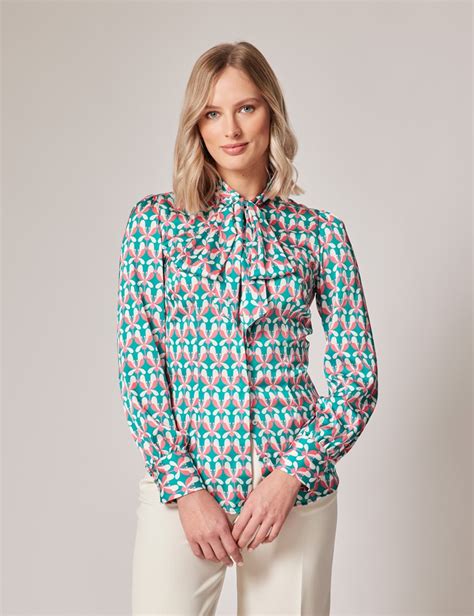 Women S Green Pink Geometric Pussy Bow Blouse