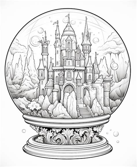 Un Dibujo En Blanco Y Negro De Un Castillo Dentro De Una Bola De Vidrio