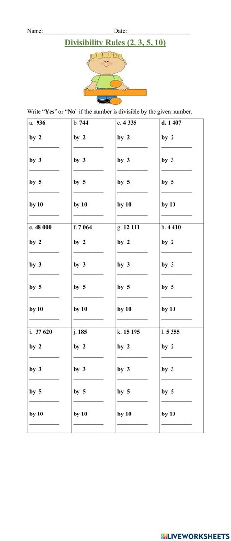 Divisibility Rules 2 3 5 10 Interactive Worksheet Live Worksheets