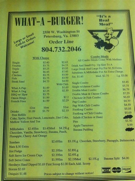 Menu at Whataburger fast food, Petersburg, W Washington St