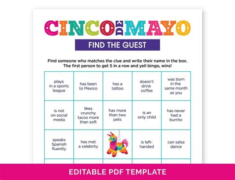 Cinco De Mayo Find The Guest Bingo Game Printable Office Team Building