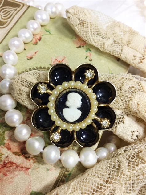 Vintage Rhinestone Pearl Black Cameo Brooch Black Cameo Pin Cameo