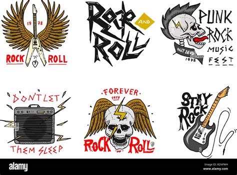 Set Of Rock And Roll Music Symbols With Guitar Wings And Skull Labels Logos Heavy Metal