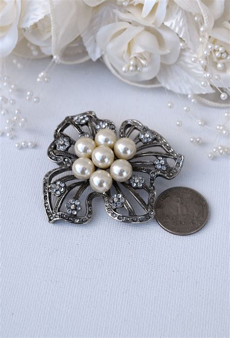 Rhinestone Pearl Flower Pin Big Flower Brooch Faux Pearls Etsy