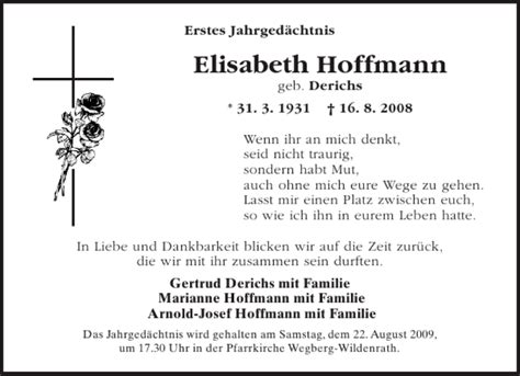 Traueranzeigen Von Elisabeth Hoffmann Aachen Gedenkt