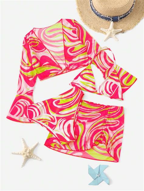 SHEIN Ensemble de bikini imprimé à col ras du cou fluide pour fille pré