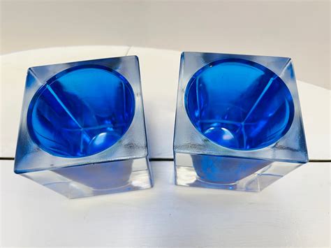 Heavy Clear And Cobalt Blue Square Glass Candle Votives Holders Lot