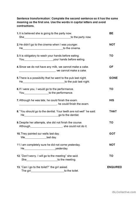 Sentence Transformation B2 Sentence English ESL Worksheets Pdf Doc