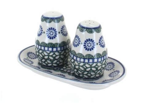 Blue Rose Polish Pottery Maia Salt Pepper Shakers With Tray Qfc