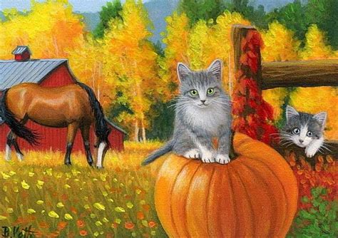 Tabby Kittens Cats Horse Barn Farm Autumn Fall Original Aceo Painting