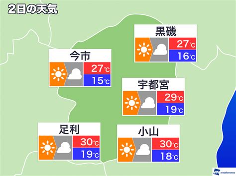 10月2日水 栃木県の明日の天気（ウェザーニュース）