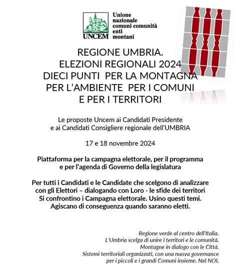 ELEZIONI IN UMBRIA ECCO LA PIATTAFORMA UNCEM PER I CANDIDATI UNCEM