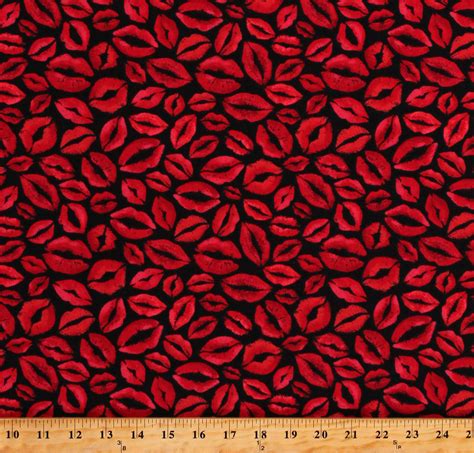 Cotton Valentines Day Lipstick Hearts Love Black Cotton Fabric Print By