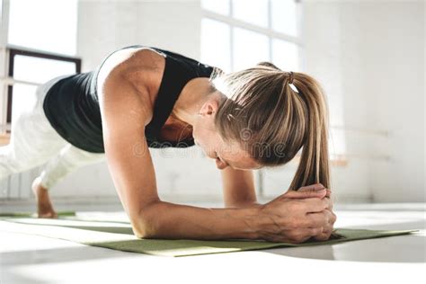 Healthy Woman Fitness Doing Exercise On Abs In White Sunny Gum Stock