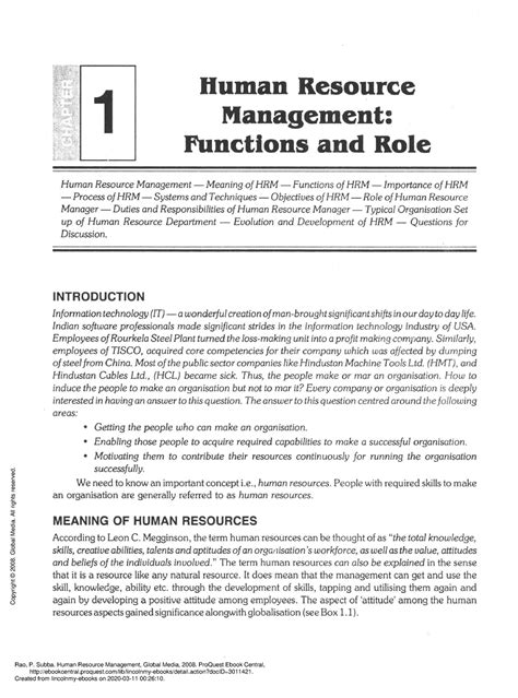 Human Resource Management Chapter 1 Human Resource Management Functions And Role 1 Human