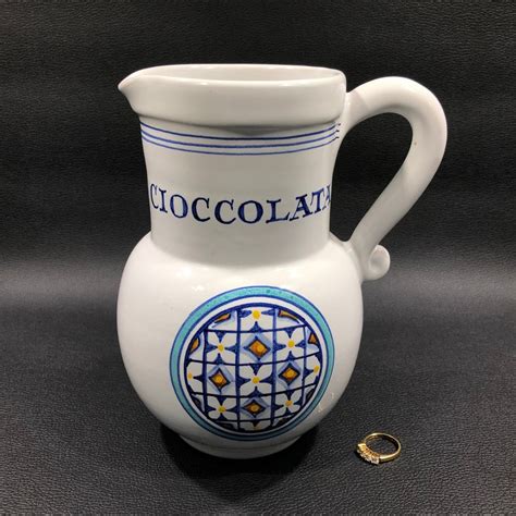 Italian Deruta Cioccolata Pitcher Hand Painted White Blue Majolica