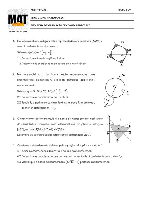 Ficha de trabalho 10º ano sobre geometria ANO 10º ANO DATA OUT TEMA