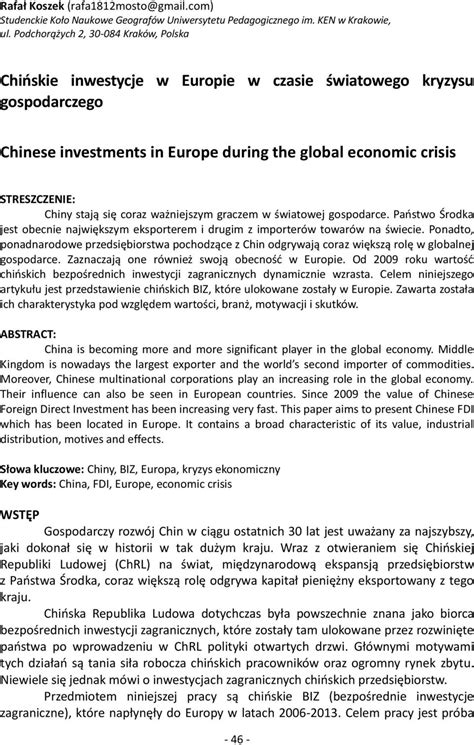 Chińskie inwestycje w Europie w czasie światowego kryzysu gospodarczego