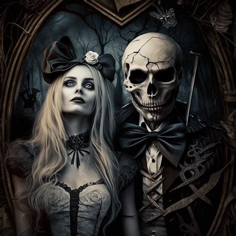 Two People Dressed Up As Skeletons In Front Of A Gothic Frame With