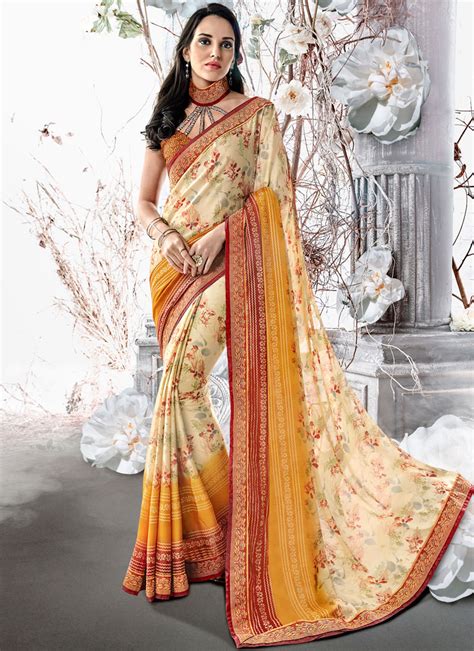 Buy Multi Colour Abstract Print Faux Georgette Printed Saree Online