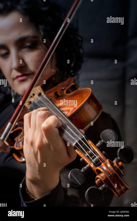 Beautiful Girl Professional Violinist Playing Antique Violin Stock