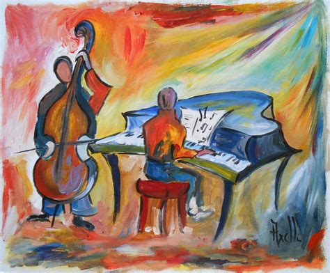 Tableau peinture jazz Contrebassiste et pianiste Décorations