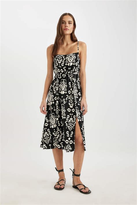 Black WOMAN Straight Fit Square Neck Floral Sleeveless Midi Dress