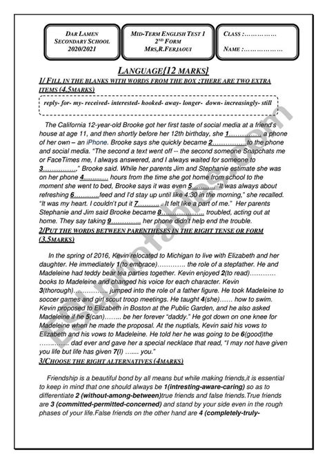 Mid Term English Test 1 ESL Worksheet By Racha Farhani