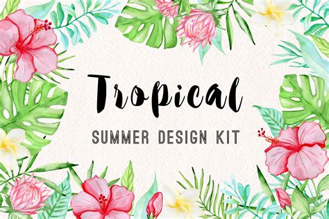 36套手绘热带水彩花卉元素装饰图案tropical Summer Design Kit 设计口袋