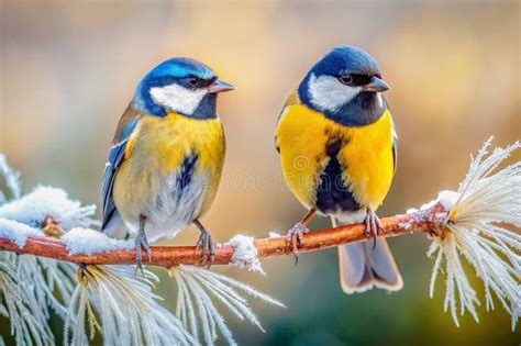 Two Beautiful Tits Are Sitting On A Branch Covered With Frost Winter