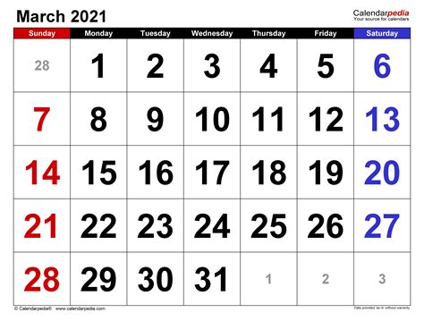 March 2021 - calendar templates for Word, Excel and PDF