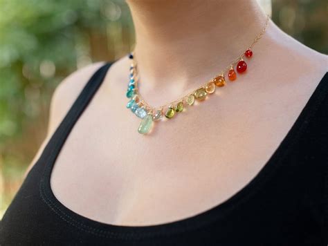 Solid Gold 14K Rainbow Multi Gemstone Necklace Precious Drop Necklace