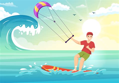 ilustración de kitesurf con kite surfista de pie en kiteboard en el mar