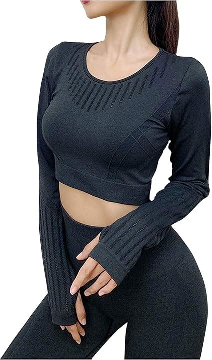 Long Sleeve Yoga Tops With Thumb Holes For Women Fashion Textured Gym Crop Shirt Slim Fitted