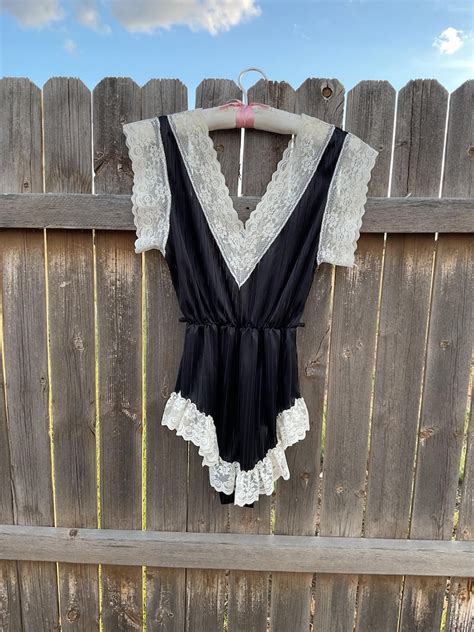 1980s Lace Teddy One Piece Lingerie Leotard Black White Etsy