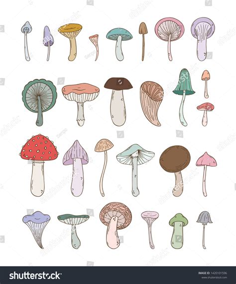 Pack Cute Mushroom Illustrations Lovely Doodle Stock Vector (Royalty ...