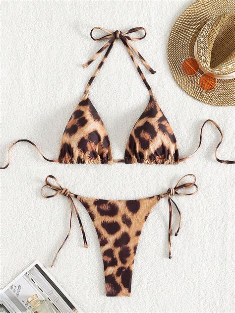 Women S Leopard Print Triangle Bikini With Halter Neck And Thin Shoulder Straps G String Thong