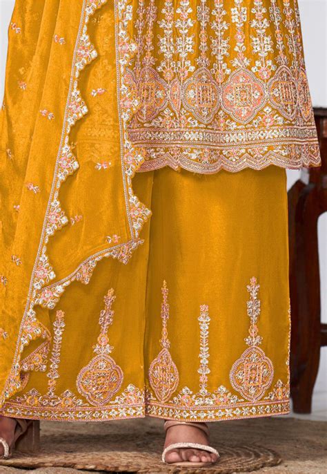 Buy Embroidered Chinon Chiffon Pakistani Suit In Mustard Online