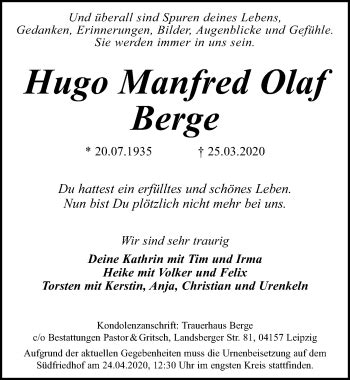 Traueranzeigen Von Hugo Manfred Olaf Berge Trauer Anzeigen De