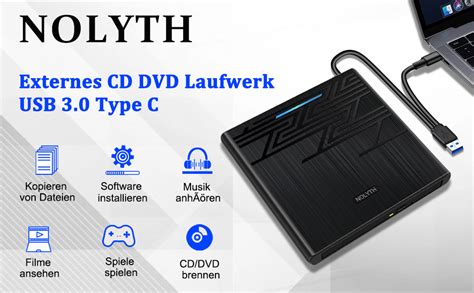 NOLYTH Externes DVD Laufwerk Extern USB 3 0 Type C Tragbar CD DVD RW