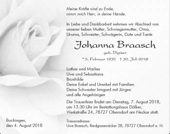 Traueranzeigen Von Johanna Braasch Schwarzw Lder Bote Trauer