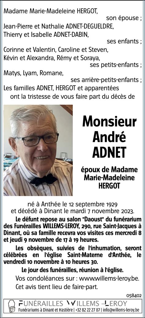 Avis De Décès De André Adnet Décédé Le 07112023 à Dinant Annonce