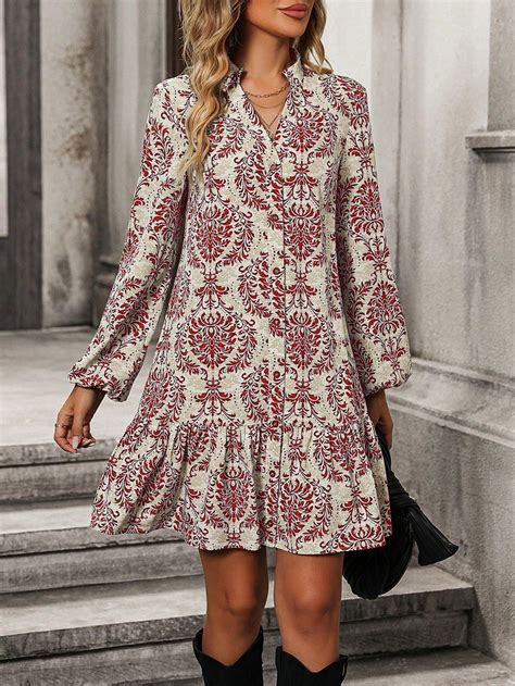 Allover Print Notched Neckline Lantern Sleeve Ruffle Hem Smock Dress