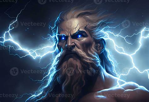 Portrait Of Zeus Against The Background Of Clouds And Lightning