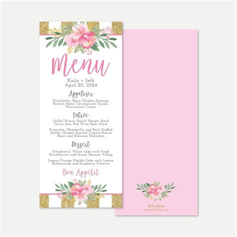 Gold Glitter Striped Blush Floral Wedding Menu Template Etsy