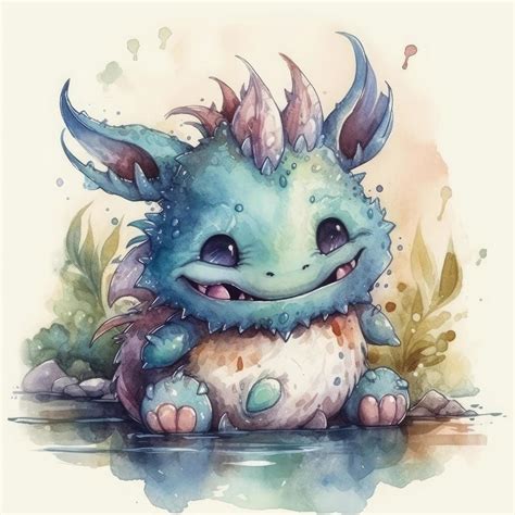 Adorable Cute Funny Fantasy Creatures Peaceful Smile Watercolour